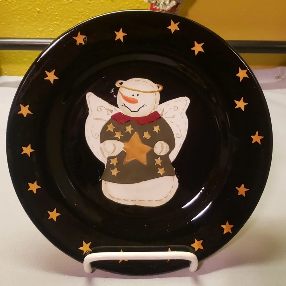 Vtg Set Of 4 Black Salad Dessert Plates Sonoma Snowman Angels